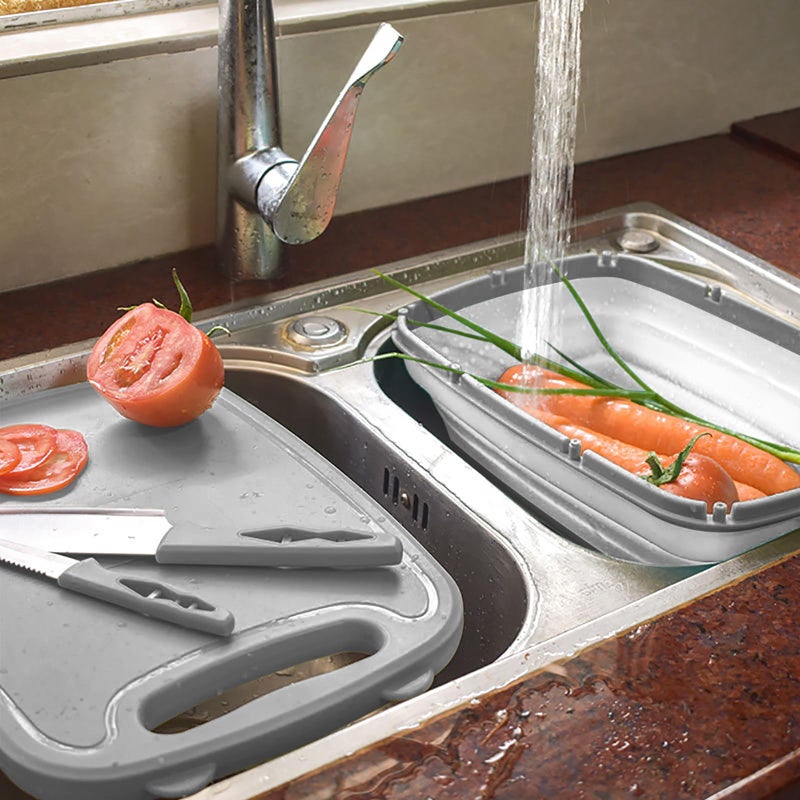 Gintan Camping Cutting Board  9-in-1 Collapsible Chopping Board with Colander  Gifts for Campers Happy Camper Camping Accessories for RV Campers (Gray) - Image 3